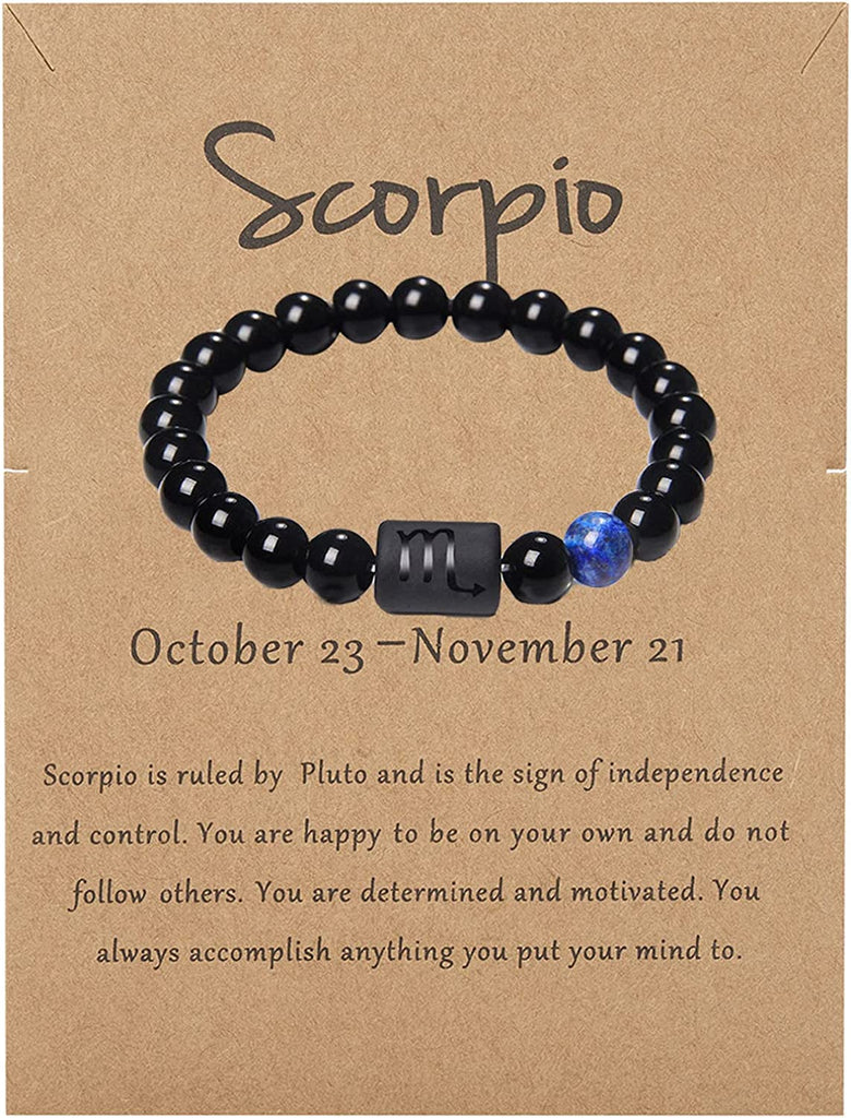  Zodiac Bracelet for Men Women,8mm 10mm Beads Natural Black Onyx Stone Star Sign Constellation Horoscope Bracelet Gifts